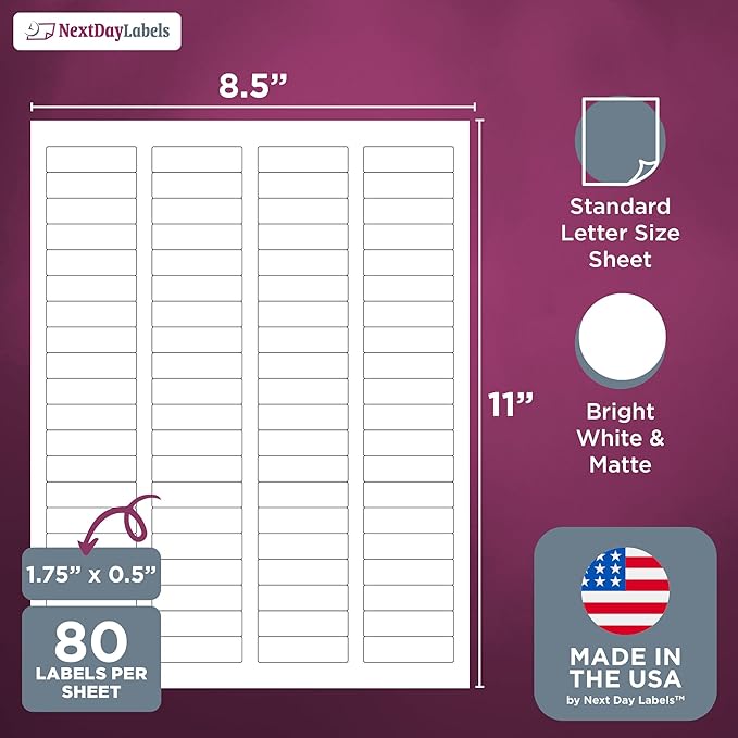NextDayLabels – 1-3/4" x 1/2" Rectangular Sticker Labels for Printer - White Laser/Inkjet Printer Labels Return Address Labels Shipping Label Stickers (100 Sheets, 80 Per Sheet, 8000 Labels)
