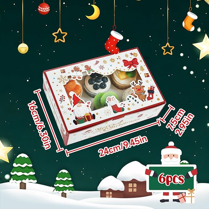 HONEYGIFTS 6PCS White Christmas Cupcake Boxes, Cookie Carrier with Insert and Window Holding 6 Cupcakes Bakery Boxes for Macarons Pies Muffins 9.5"x6.3"x3"