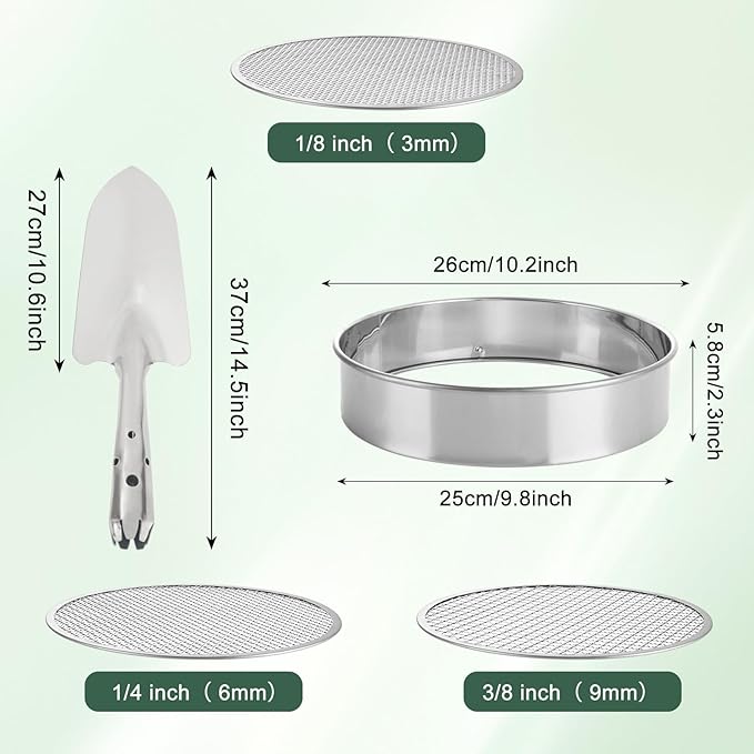 Soil Sifter for Gardening Stainless Steel Soil Sifting Pan Round Sifter for Rocks with 3,6,9mm Sieve Mesh Garden Shovel and Gloves Set Garden Sieve Soils Sifter for Small Gravel, Soil, Sand