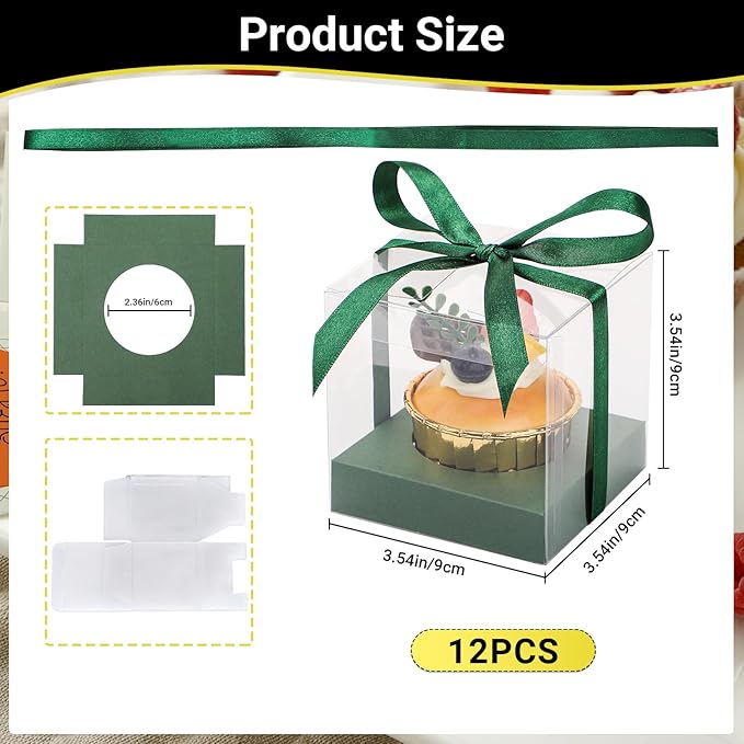 EUSOAR Disposable Green Cupcake Boxes, 12pcs 3.5 Inch Plastic Individual Cupcake Carrier Storage for Cake Dessert, Transparent Cupcake Holder Carrier with Ribbons for Wedding Party Bakery Favor