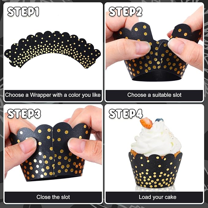 Zhehao 60 Pcs Gold Polka Dots Cupcake Wrappers Adjustable Graduation Cupcake Liners Paper Baking Cups Disposable Muffin Liners Holders for Birthday Baby Shower Wedding Party Supplies(Black)