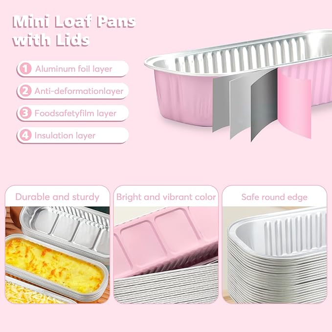Ruckae 100 Pack Mini Loaf Cake Pan with Lids and Spoons Disposable Aluminum Tin Foil Pans Rectangle Mini Loaf Pans with Lids for Baking,Party,Picnics,Holidays (Pink)