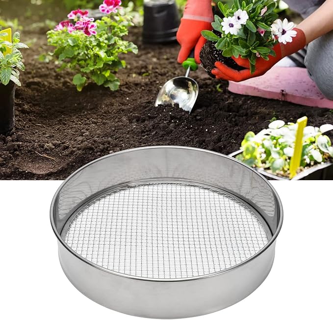 Soil Sieve Garden Potting Riddle Sieve Stainless Steel Soil Sieve Set, With 5 Interchangeable Filter Mesh Sizes 3,6,9,10,12mm and Bonus Spade