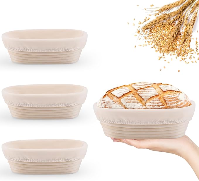 10 Inch Bread Banneton Proofing Basket Set of 4 Oval Sourdough Bread Baking Supplies Rattan Banneton Dough Proofing Bowls with Liners Sourdough Starter Kit for Home Dough Making and Baking