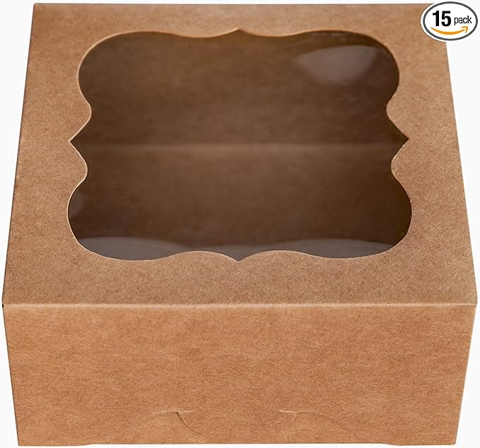 ONE MORE 6"x6"x3"Brown Bakery Boxes with pvc Window for Pie and Cookies Boxes Small Natural Kraft Paper Box 6x6x3inch,Pack of 15
