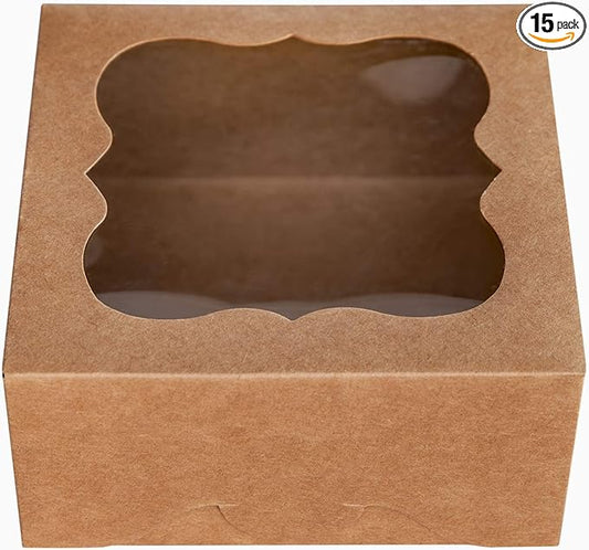 ONE MORE 6"x6"x3"Brown Bakery Boxes with pvc Window for Pie and Cookies Boxes Small Natural Kraft Paper Box 6x6x3inch,Pack of 15