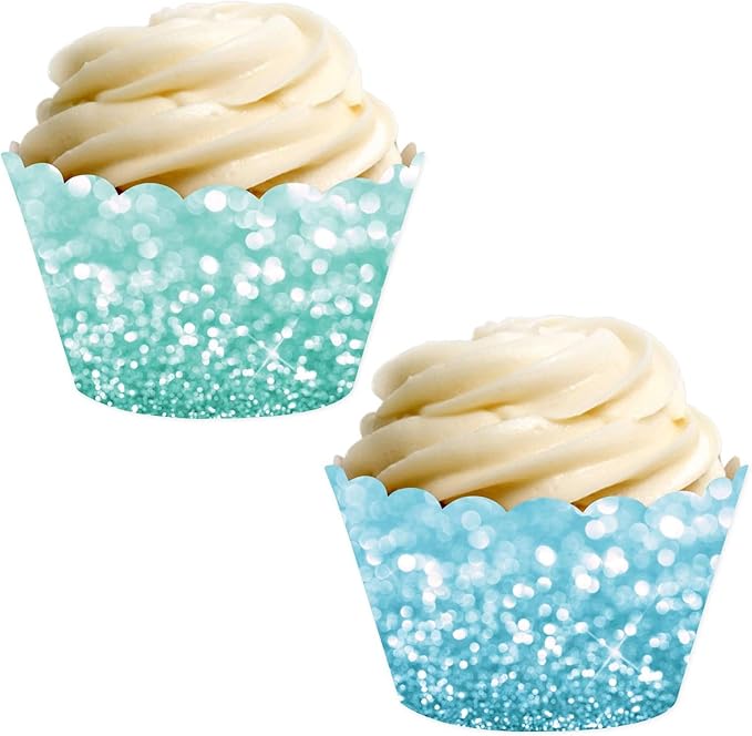 Andaz Press 24-Pack Faux Baby Blue and Aqua Glitter Cupcake Wrappers, Disposable, Cardstock, Ocean, Party, Social Gatherings and Celebrations