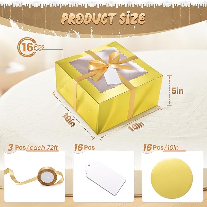 32Pcs 10 Inch Cake Boxes with Cake Boards (16Pcs Gold Cake Boxes, 16Pcs Cake Boards), 10x10x5 Inch Bakery Boxes with Window, Cake Carrier Container for Birthday Party, Wedding