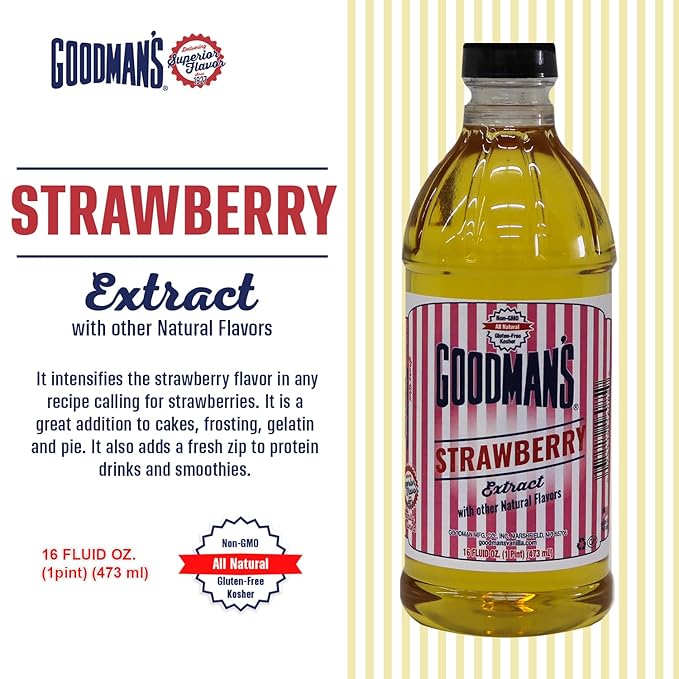 Goodman's Natural Strawberry Extract - Gluten-Free, Non-GMO, Kosher, Low Carb & Low Calorie, Low Alcohol, No Artificial Color, No Animal Products, No Sugar -Enhances Baking, Drinks & Desserts - 1 Pint