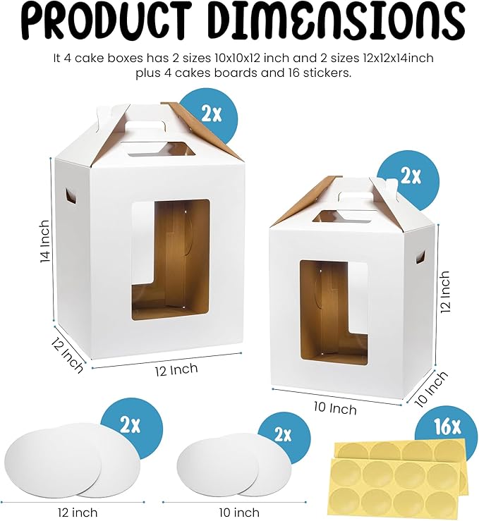 Extra STURDY 4 pack tall cake Box, 2 sizes 10x10x12 & 12x12x14 Inch, 4 cake boards+16 stickers, 2-3 tier bakery transport container with 4 large windows and double handles for wedding, birthday, Party