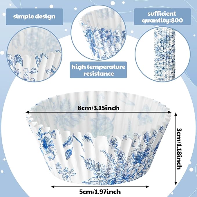 Jetec 800 Pcs Blue and White Flower Cupcake Liners Flower Cupcake Wrappers Grease Proof Blue Muffin Liners Disposable Papers Baking Cups for Baking Weddings Party(3.15 x 1.97 x 1.18 Inch)