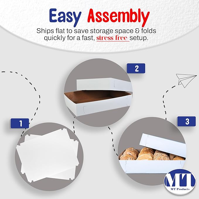 MT Products White Cake Boxes 18" x 13" x 3.5" - Disposable Bakery Boxes with Detachable Lids for Extra Storage (Pack of 10) - Made in USA