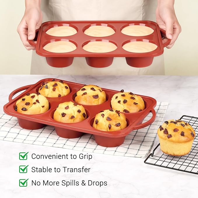 JOERSH Jumbo Muffin Pan with Metal Frame, 6 Cup Large Cupcake Mold with Handles, Non-Stick Silicone Baking Tray for Jumbo Muffin, Cupcake, Egg Bite