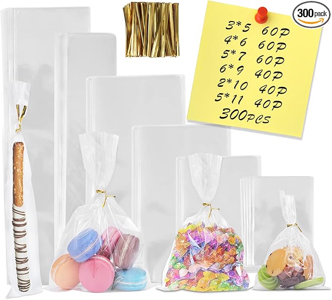 300 PCS Clear Flat Cellophane Treat Bags with 3x5",4x6",5x7",6x9",2x10",5x11",Treat Bags with Ties are Good for Pretzel Rods,Bakery, Cookies, Candies,Dessert.