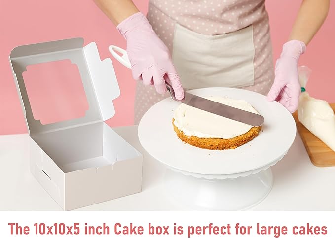 10x10x5 Bulk 25 Pcs Cake Boxes 10 Inch with Window Clear Bakery Dessert Box Square White Large Disposable Pie Boxes Package for Bake Goods Paper Pastry Packaging Donut Delivery Box (80 Pcs Stickers)