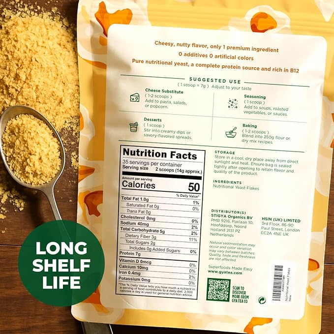 Gya Tea Co Fortified Nutritional Yeast Flakes 1.1lb (17.64 Oz) Dairy Free, Premium Vegan Cheese Substitute, Source Of Protein & Vitamins - Non-GMO, Keto-Friendly, Gluten Free