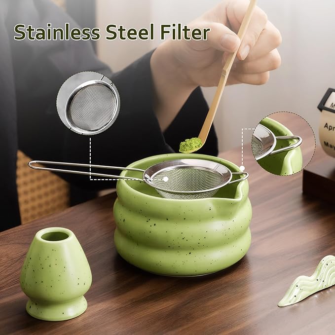 cjc Matcha Whisk Set, 7-Pcs Matcha Set for Gift- 18 oz Ceramic Matcha Bowl with Spout, Bamboo Whisk, Scoop, Holder, Sifter ect.,Japanese Ceremony Kit for Matcha Lover Beginner/Green