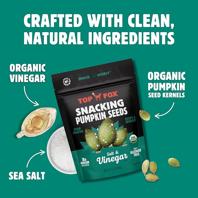 Top Fox Snacks Pumpkin Seeds to Eat (Salt & Vinegar, 3.5 oz – 2 Pack) - Gluten Free Snacks, Healthy Protein Snacks, Keto Friendly Snacks, Allergen Free Snacks, Paleo & Vegan - Organic Pop-Roasted