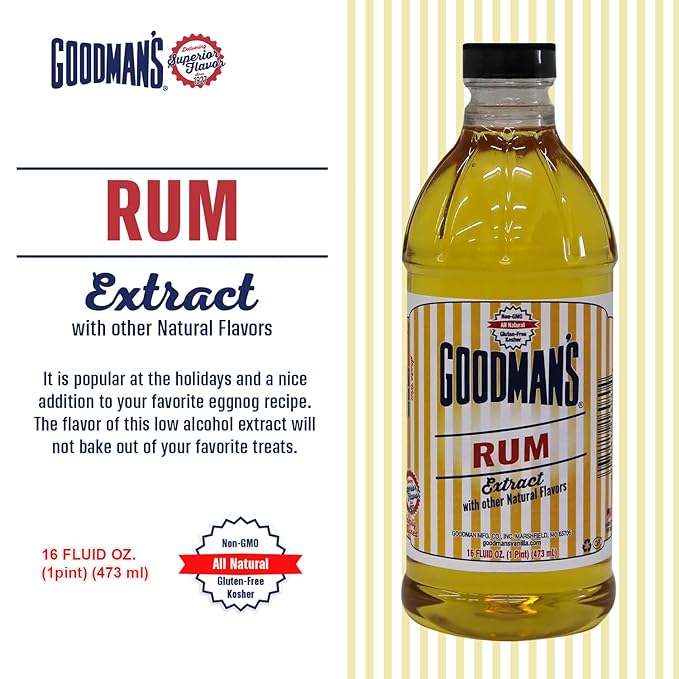 Goodman's Natural Rum Extract - Gluten-free, Non-GMO, Kosher, Low Carb & Low Calorie, Low Alcohol, No Artificial Color, No Animal Products, No Sugar - Rich Flavor for Baking & Mocktails - 1 Pint