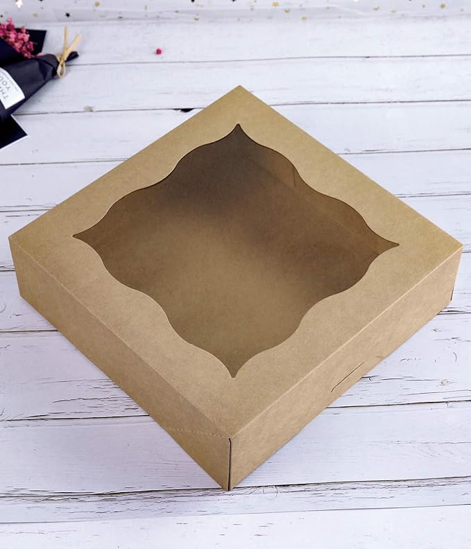 CHERRY 25-PACK 10"x10"x3"Brown Bakery Boxes with PVC Window for Pie and Cookies Boxes Large Natural Kraft Paper Box 10x10x3inch