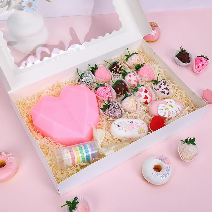 Moretoes 40pcs Large Bakery Boxes, 16x11x2.5 Inches Auto-Popup Cookie Boxes with Window for Donuts, Treats, Pastries, Pies, Muffins, Chocolate Covered Strawberries