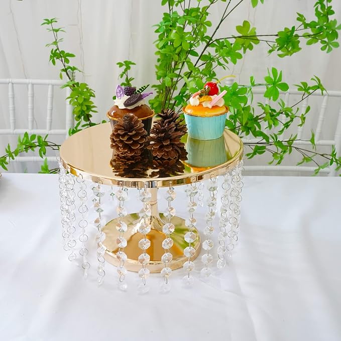 LANLONG Cake Stand for Dessert Table 10 Inch Gold Crystal Pendants Metal Cake Stand Serves as A Round Dessert Cupcake Display Plate for Table, Wedding, Party, Event