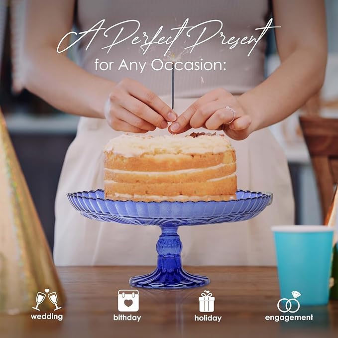 Amici Home Flower Footed Glass Cake Stand | Round Vintage Style Cake Plate | Serving Platter for Cupcakes, Cookies | Dessert Display Stand for Parties, Weddings, and Gift | 10” D x 4” H (Cobalt)