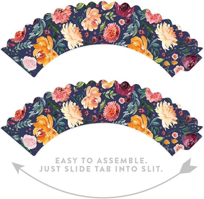 Andaz Press Party Cupcake Wrapper Decorations, Burgundy and Peach Florals on Navy Blue, 24-Pack, For Girls 1st Birthday Baby Bridal Shower Tea Party Themed Decorations