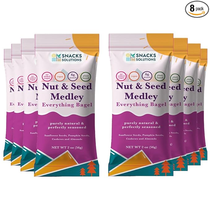 Snacks Solutions Nut and Seed Medley (2 oz - Pack of 8, Everything Bagel) Gluten Free, Natural and Perfectly Seasoned, Sunflower Seeds, Pumpkin seeds, Cashews and Almonds