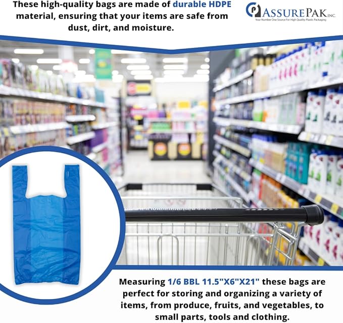 Easy Open - 1000 Bags- Colored Unprinted HDPE T-Shirt Bags - 1/6 BBL 11.5"X6"X21" - 13 microns - Blue - LOOP-BLUE-EO - AssurePak
