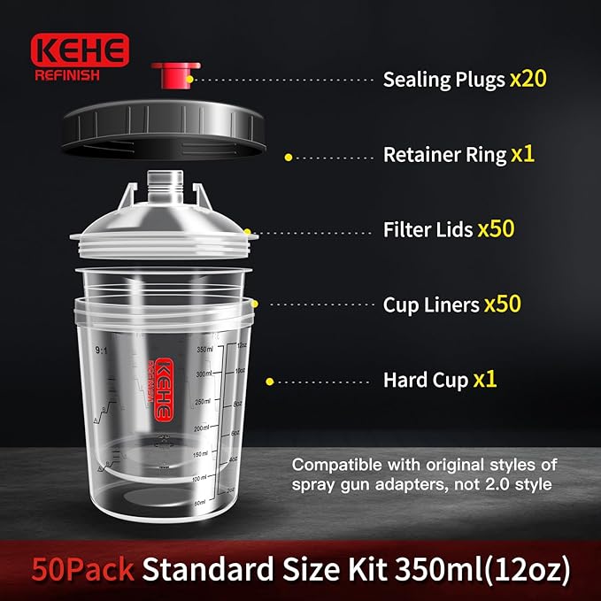 Disposable Paint Cups for Spray Gun,Mixing Cups 12 Ounce (350ml) Kit with 50 Liners and Lids with Strainer System for HVLP&LVLP,2 Hard Cups with Retainer Ring,20 Plugs,3 Caps,2 Adapters,1 Wash Bottle