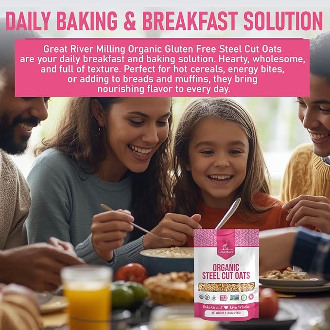 Great River Milling Organic Steel Cut Oats | Whole Grain, Non-GMO, Kosher | Hearty Healthy | Rich Texture & Flavor | Perfect for Oatmeal, Porridge, Granola & Baking | 5 Lb