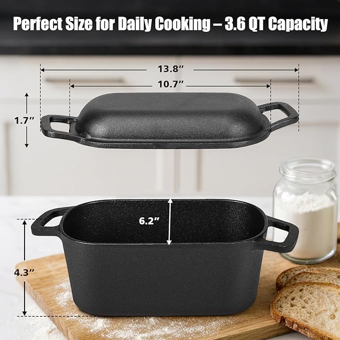QuliMetal 3.6QT Oval Dutch Oven for Bread Baking - Pre-Seasoned Cast Iron Sourdough Bread Pan with Lid, cast iron loaf pans for bread, Even Heat Distribution for Meatloaf, Homemade Bread