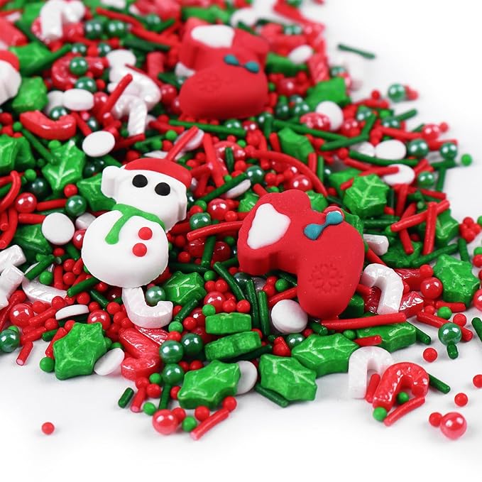 Christmas Sprinkles for Cake Decorating 4.2 oz 2 Snowman + 2 Stocking Icing Decoration Red and Green Pearls Sprinkles for Xmas Party Cupcake Toppers, Cookie, Ice Cream Decorations Celebrations