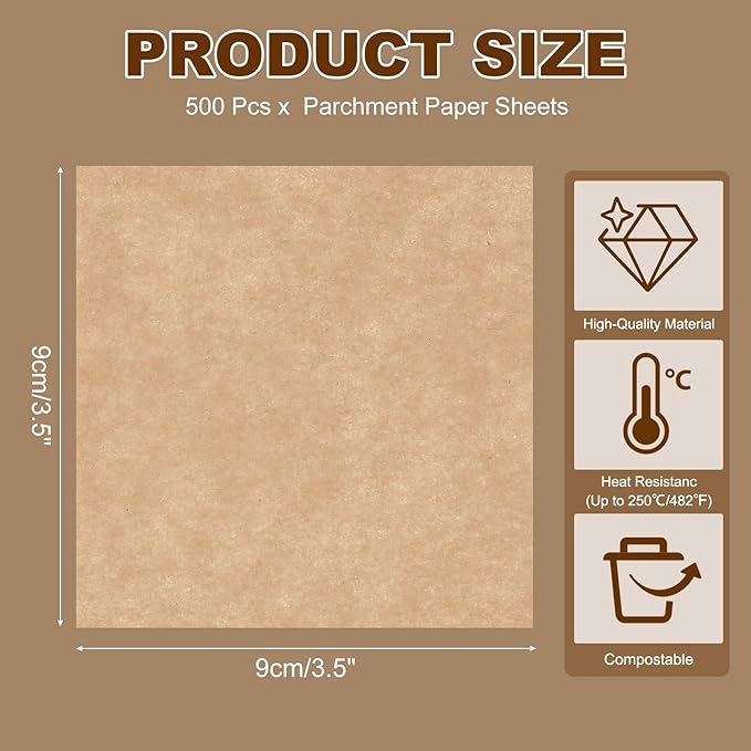 uxcell 500 Pcs Unbleached Parchment Paper Baking Sheets Squares, 3.5 Inch Hamburger Patty Paper, Non Stick Parchment Pulp Paper for Baking Grilling or Meat Storage, Wood Color