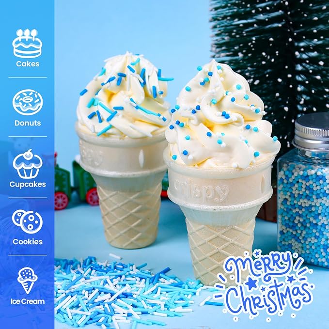 Winter Sprinkles for Cookie Decorating, Blue and White Sprinkle, Jimmies, Nonpareils, Edible Sprinkles for Christmas, Winter Theme Parties, Frozen Cakes and Cupcakes