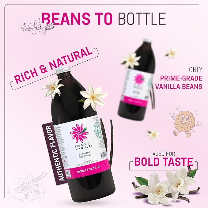 Flor Maya Premium Aged Natural Vanilla Extract - Pure Vanilla Extract from Prime Vanilla Beans - Handcrafted - Gourmet Baking & Cooking Vanilla - Gluten-Free, Non-GMO, No Coumarin, 33.8 Fl Oz (1000 ml)