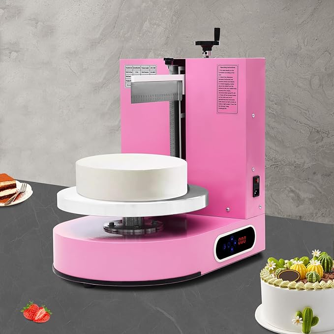 Cake Icing Machine 200W Auto Cream Spreading Machine w/LED Display, Horizontal & Vertical Spatula Adjust, Professional Cake Decorating Machine Pink Auto Frosting Turntable for 4-12 Inch Cakes