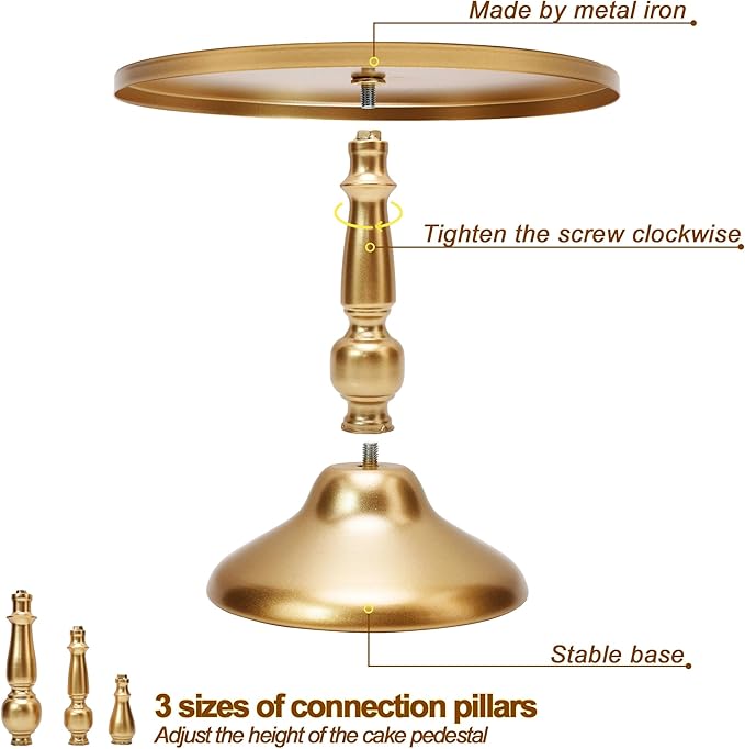 Set of 3 Gold Cake Stands, Metal Round Cake Holder Dessert Pie Pizza Display Stand 8" 10" 12" Serving Tray Decoration for Wedding Celebration Party Birthday Baby Shower
