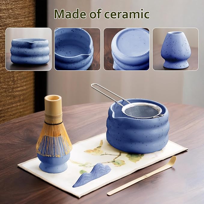 cjc 7-Pcs Matcha Whisk Set, Japanese Matcha Set: Ceramic Matcha Bowl with Spout, Bamboo Whisk & Holder, Spoon, Spoon Holder, Sifter, Tea Cloth –Complete Gift Set for Matcha Lover (Blue）