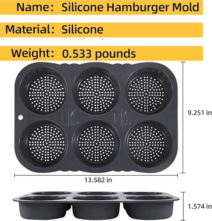 6-cavity Silicone Hamburger Bun Pan, Nonstick Loaf Pan & Heat Resistant Burger Bun Pans for Baking, Bread Pans for Homemade Bread, Bread pans for baking, Easy to Use Burger Pan
