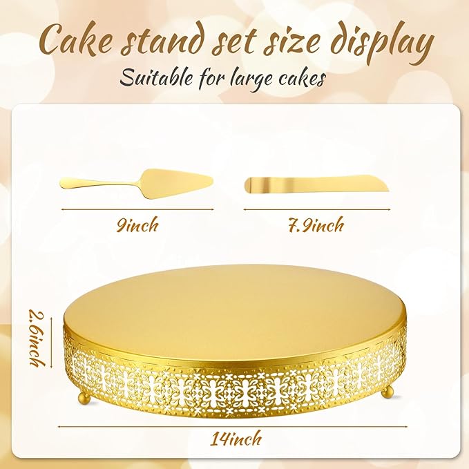 Wenqik Gold Cake Stand, 14 Inch Metal Round Cupcake Dessert Stand with Cake Knife and Server Wedding Cupcake Display Holder Cookies Serving Tray for Wedding Birthday Baby Shower Party
