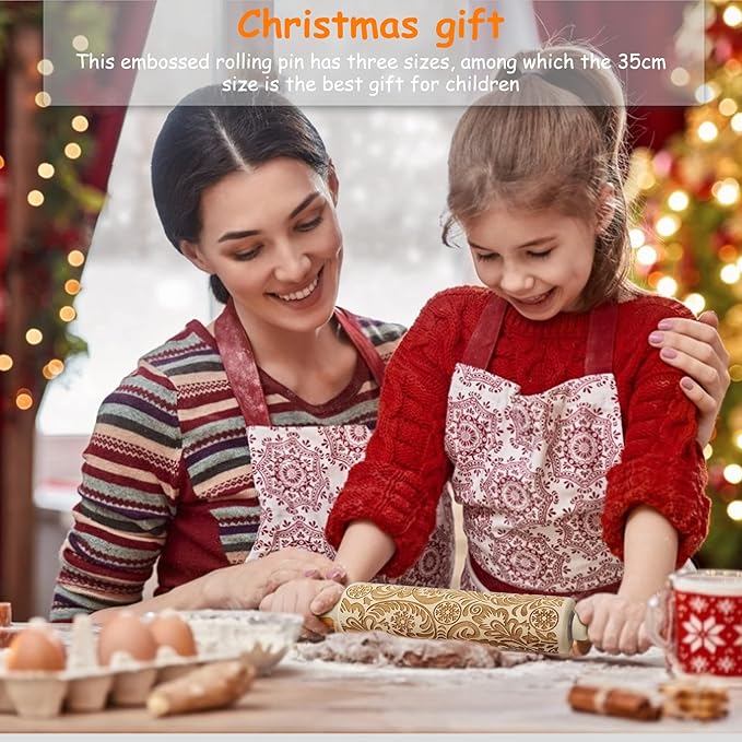 Embossed Rolling Pins Christmas Rolling Pin,3D Paisley Pattern Flower Snowflake Rattan Wooden Roll Pin Laser Engraved Rolling Pin DIY Tool for Kids and Adults to Make Cookie Dough