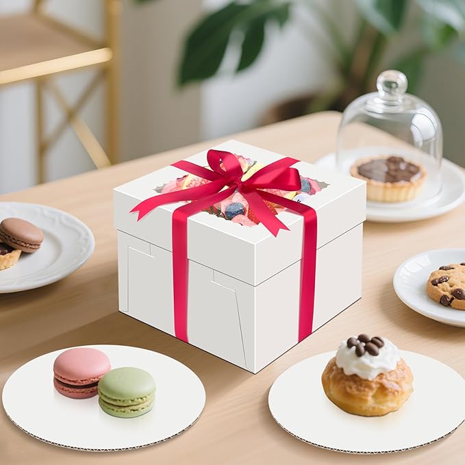 Sudaya 8x8x5 Cake Boxes with Window, Cake Boxes 8 inch with Cakes Box Ribbon Stickers, 8in Disposable Carry Bakery Containers Cajas Para Pasteles for Pies Party Wedding Gift Giving