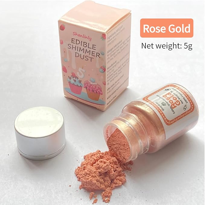 Shanlinly Rose Gold Luster Dust Edible - 5 Grams Food Grade Cake Dust Shimmer Powdered, Edible Metallic Powder Food Coloring for Cake Decorating, Chocolates, Fondant, Drinks, Painting & More, Vegan