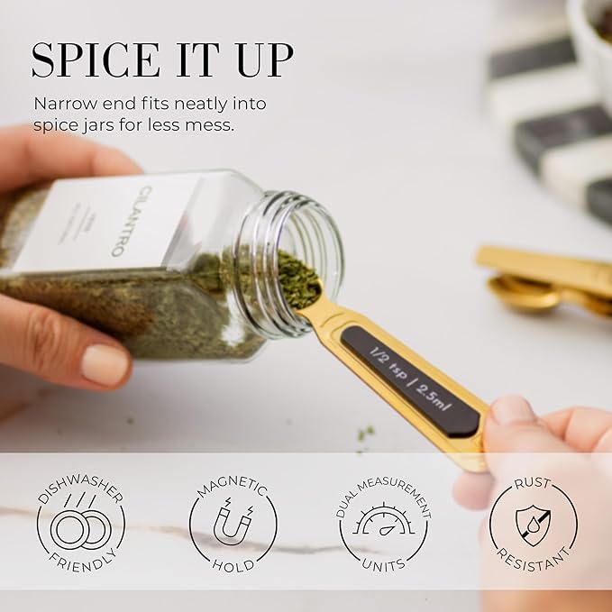 Gold Magnetic Measuring Spoons with Leveler - Featuring 8-Piece Upgraded Style, Dual-Sided, Stackable, Stainless Steel Gold Measuring Spoons Set - Fits in Spice Jars, Luxury Kitchen Accessories