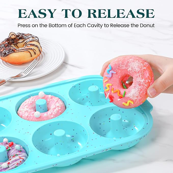 Silicone Donut Pan for Baking with Metal Reinforced Frame, Nonstick 3.25 inch Doughnut Baking Pans, 6 Cavity Donut Trays, Make Perfect Bagels and Cake Donuts (Aque+Cream)