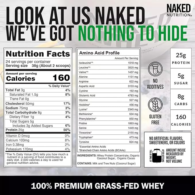 NAKED Whey Chocolate Protein Powder - Only 3 Ingredients - Grass Fed Whey Protein Powder, Organic Chocolate and Organic Coconut Sugar, No GMO, No Soy, and Gluten Free - 24 Servings