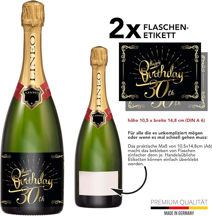 2-Pack Birthday Bottle Labels, Self-Adhesive “HappyBirthday” Stickers for Champagne & Wine Bottles, Fun Gift Idea for Men & Women, 5.8 x 4.1 in (30th Birthday)