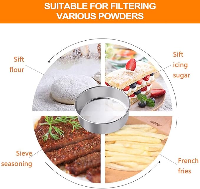 Flour Sifter, Flour Sieve,Stainless Steel Flour Sifter for Baking Cake Bread, Hanging Ring Design, with 2Pcs Dough Scraper, Flour Sieve, Sieve Fine Mesh,Best Baking Lovers' Gift
